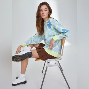 Whimsy ‎Sunday Best Floral Sweater Size 2 Wool Cotton Blue Green Knit Twee Cute